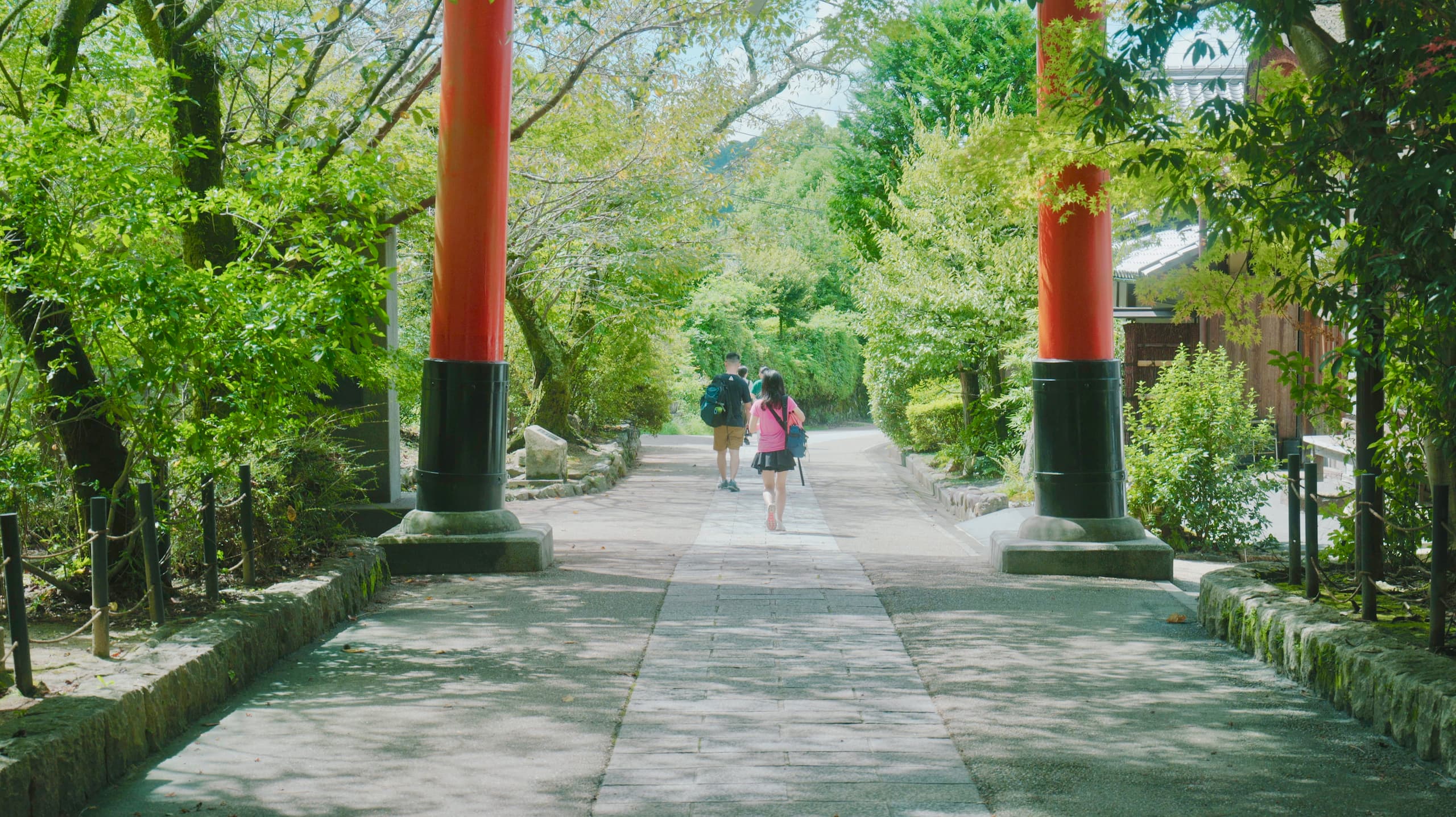 宇治神社の鳥居をくぐり、石畳の道を歩く2人の後ろ姿。